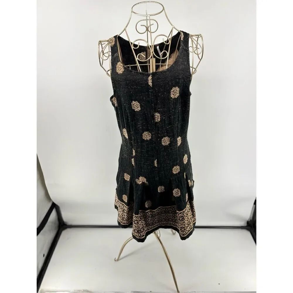 Free People Black Gold Tapestry Sleeveless Mini Dress Pockets Size 8